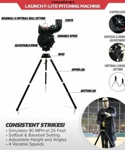 PowerNet Launch F-lite Baseball And Softball Pitching Machine | Variable Speed Throws Up To A Simulated 90 MPH