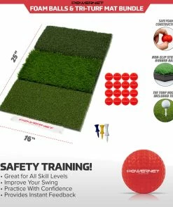PowerNet 16 Pack Practice Foam Red Colored Golf Balls And Tri-Turf Grass Mat Bundle | Soft Lightweight Durable Material