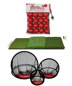 PowerNet Ultimate Chipping Bundle | Includes 3 Piece Golf Chipping Nets 16 Pack Practice Foam Golf Balls & Tri-Turf Grass Mat