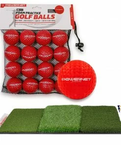 PowerNet 16 Pack Practice Foam Red Colored Golf Balls And Tri-Turf Grass Mat Bundle | Soft Lightweight Durable Material
