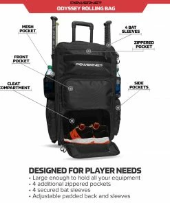 PowerNet BAGS Rolling Baseball Softball Gear Bag | Hidden Backpack Straps