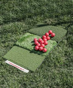 PowerNet 16 Pack Practice Foam Red Colored Golf Balls And Tri-Turf Grass Mat Bundle | Soft Lightweight Durable Material